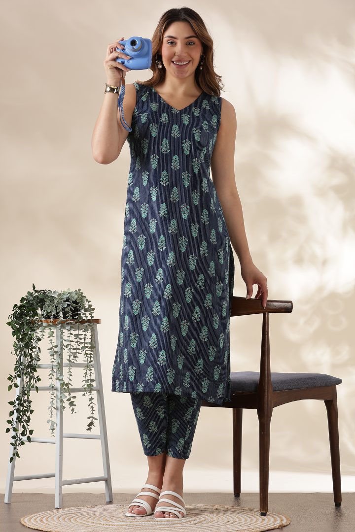 Kantha Cotton Cordset (Navy Blue) - Image 11
