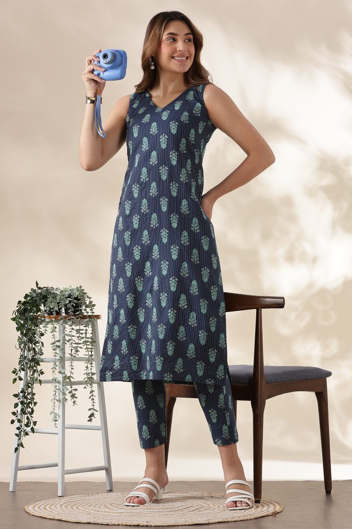 Kantha Cotton Cordset (Navy Blue) - Image 12