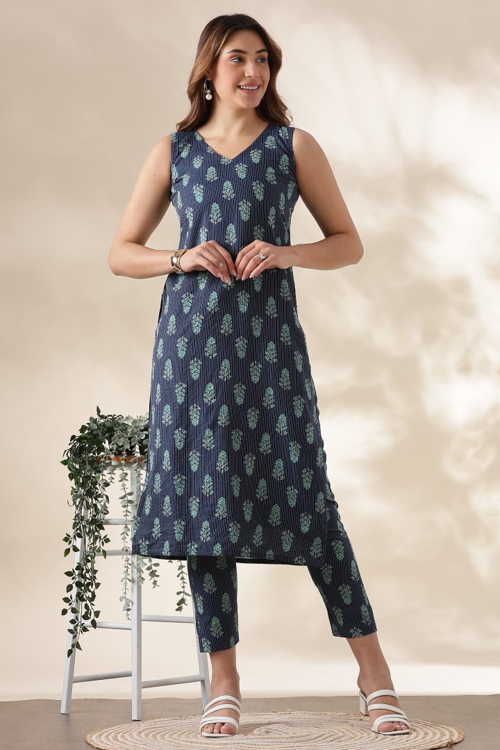 Kantha Cotton Cordset (Navy Blue) - Image 1