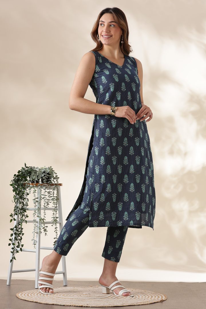 Kantha Cotton Cordset (Navy Blue) - Image 10